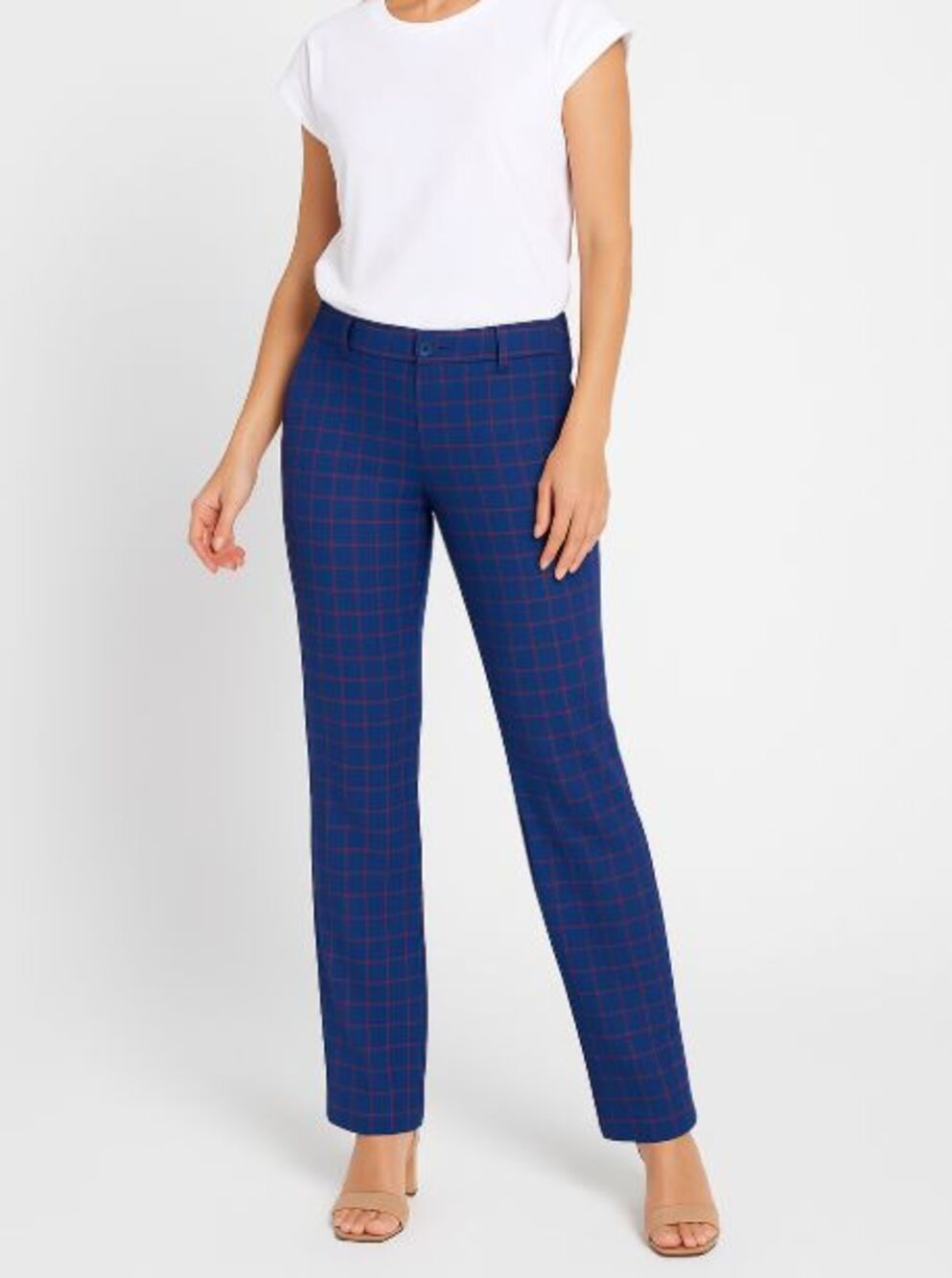 Betabrand Dress Pant Yoga Pants Blue Grid Plaid Size L Bootcut Stretch Work